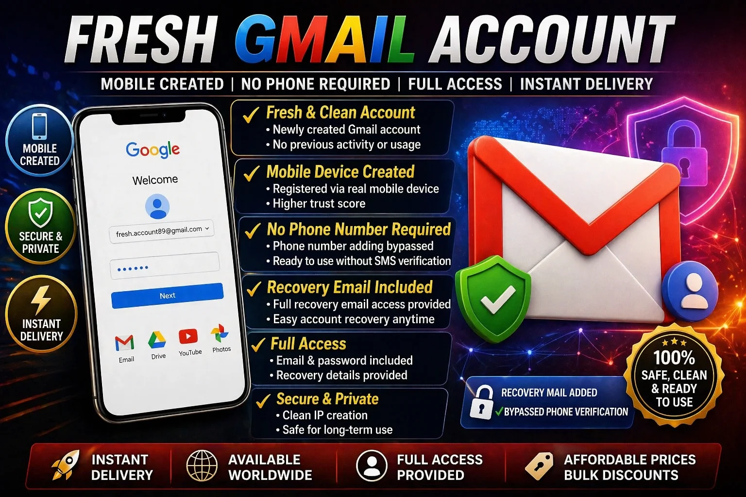 🔥 Fresh Gmail Account | Mobile Created | No Phone Needed | Full Access | Instant Delivery