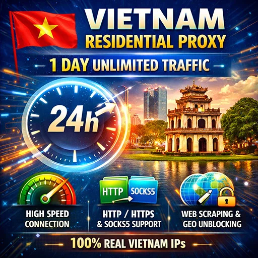 Vietnam Proxy Residencial Rotativo Compartido, 1 día, tráfico ilimitado