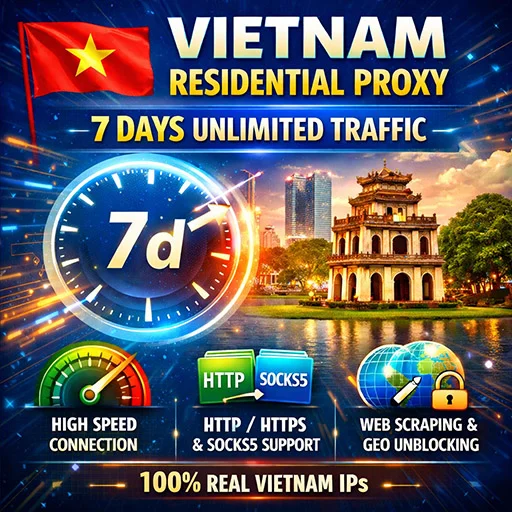 Vietnam Proxy Residencial Rotativo Compartido, 7 días, tráfico ilimitado