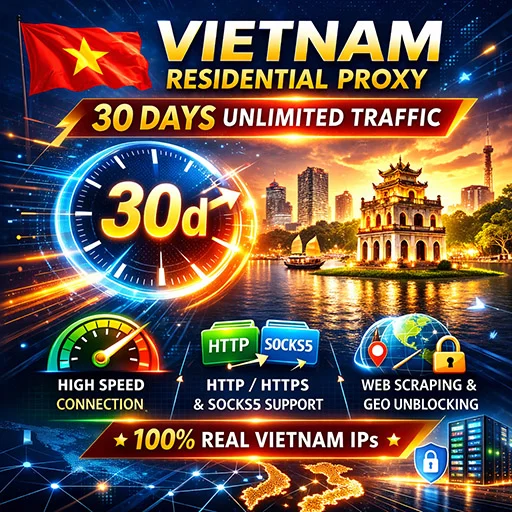 Vietnam Proxy Residencial Rotativo Compartido, 30 días, tráfico ilimitado