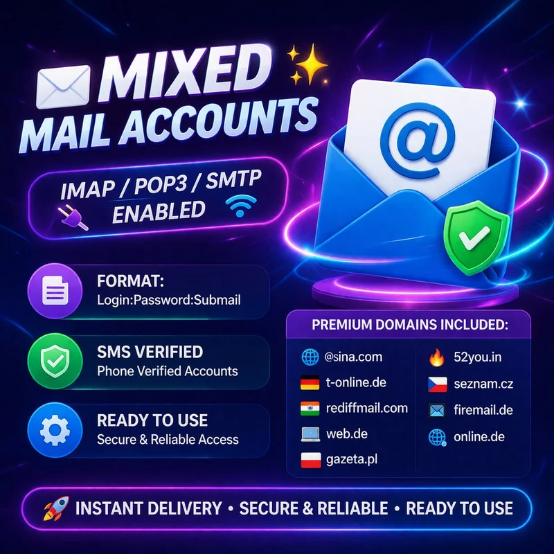 📧✨ Mixed Mail Accounts ✨📧 — IMAP / POP3 / SMTP Enabled 🔌📡 | Format: Login:Password:Submail 📄🔑 | SMS Verified ✔️📱 | Domains: @sina.com 🌏, t-online.de 🇩🇪, rediffmail.com 🇮🇳, web.de 💻, gazeta.pl 🇵🇱, 52you.in 🔥, seznam.cz 🇨🇿, firemail.de 📬, online.de 🌐 🚀
