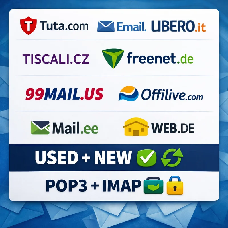 📧 Tuta.com | Email.com | Libero.it | Tiscali.cz | freenet.de | Mail.tm | 99MAIL.US | Offilive.com | Mail.ee | Web.de — ✅ USED + NEW ♻️ 📥 POP3 + IMAP 🔐