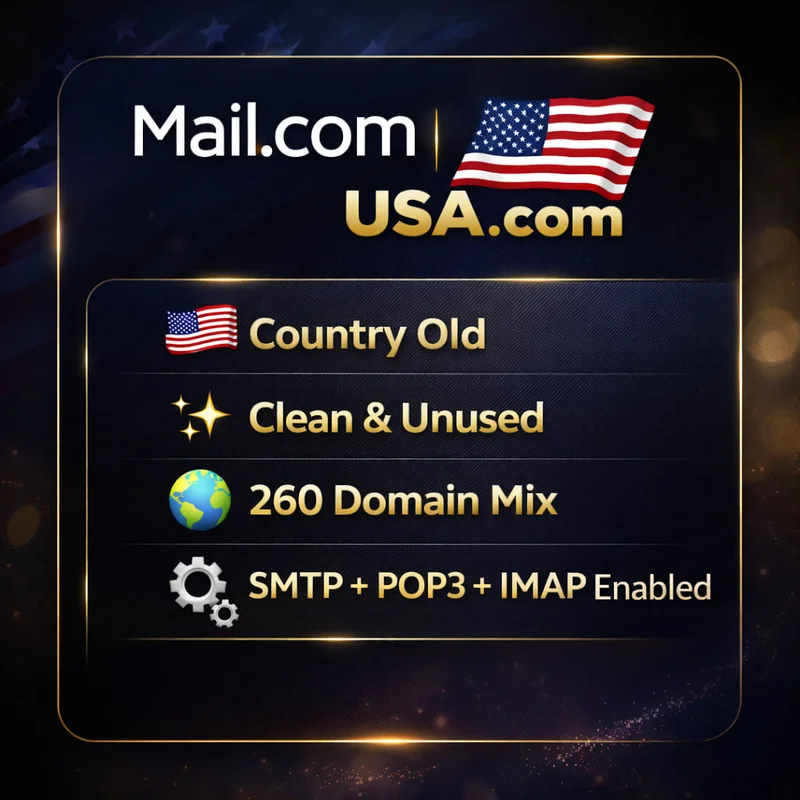 📧 Mail.com / USA.com — 🇺🇸 Country Old | ✨ Clean & Unused | 🌐 260 Domain Mix | ⚙️ SMTP + POP3 + IMAP Enabled