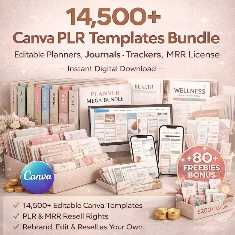 14500+ Canva PLR 模板合集 | 可编辑计划本日记追踪器模板 | 数字产品包包含 PLR MRR 权利